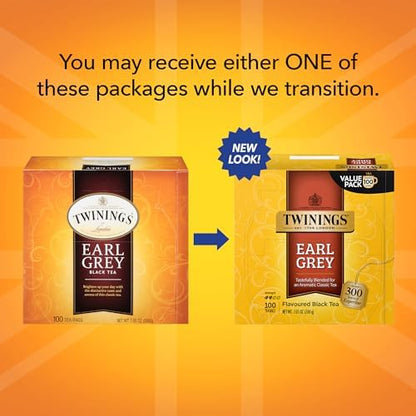 Twinings Earl Grey Black Tea Individually Wrapped Bags, 100 Count (Pack of 1), Flavoured with Citrus & Bergamot, Caffeinated, Enjoy Hot or Iced | Packaging May Vary