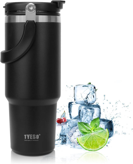 TYESO 30oz Tumbler with Handle and Straw Lid, Insulated Stainless Steel Double Walled Vacuum Water Bottle for Office, Home, Sport or Car, Travel Mug for Hot and Cold | Adventure Collection (Black)