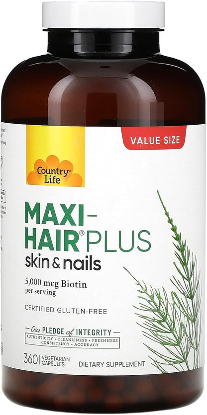 Country Life Maxi-Hair Plus 5000 mcg Biotin, 360 Capsules, Certified Gluten Free, Certified Vegetarian