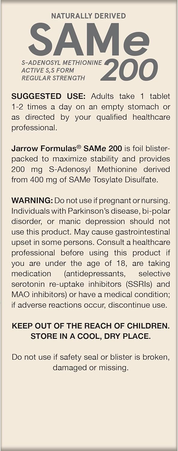 Jarrow Formulas Same 200 mg - 60 Tablets - Highest Concentration of Active S,S Form - Supports Joint Health, Liver Function, Brain Metabolism & Antioxidant Defense - 60 Servings