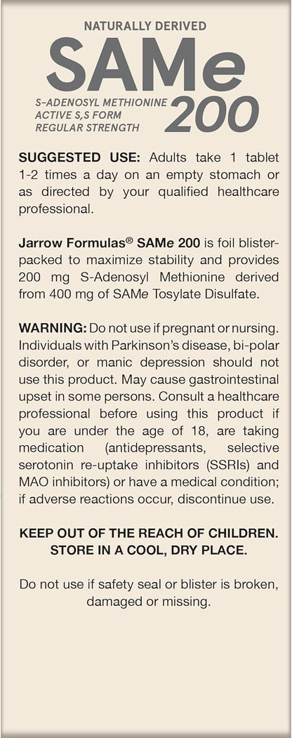 Jarrow Formulas Same 200 mg - 60 Tablets - Highest Concentration of Active S,S Form - Supports Joint Health, Liver Function, Brain Metabolism & Antioxidant Defense - 60 Servings