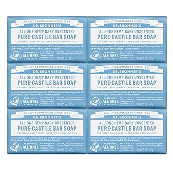 Dr. Bronner's - Pure-Castile Bar Soap (Baby Unscented, 5 oz, 6-Pack) -Made with Organic Oils, For Face, Body & Hair, Gentle for Sensitive Skin & Babies, No Added Fragrance,Biodegradable,Vegan,Non-GMO