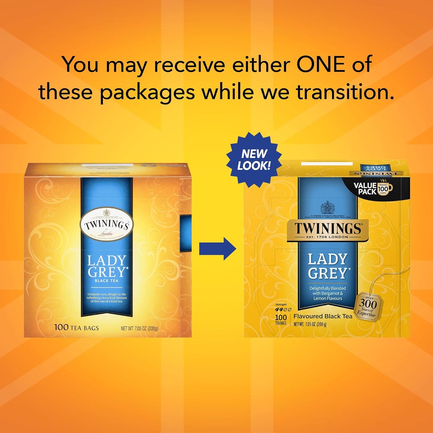 Twinings Lady Grey Black Tea Individually Wrapped Bags, 100 Count (Pack of 1), Orange & Lemon Peel with a Hint of Bergamot, Fresh and Uplifting, Caffeinated, Enjoy Hot or Iced | Packaging May Vary