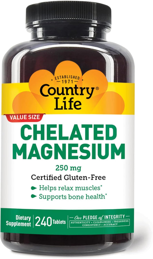 Country Life, Chelated Magnesium 250mg, Supports Bone and Immune Health, Daily Supplement, 240 ct