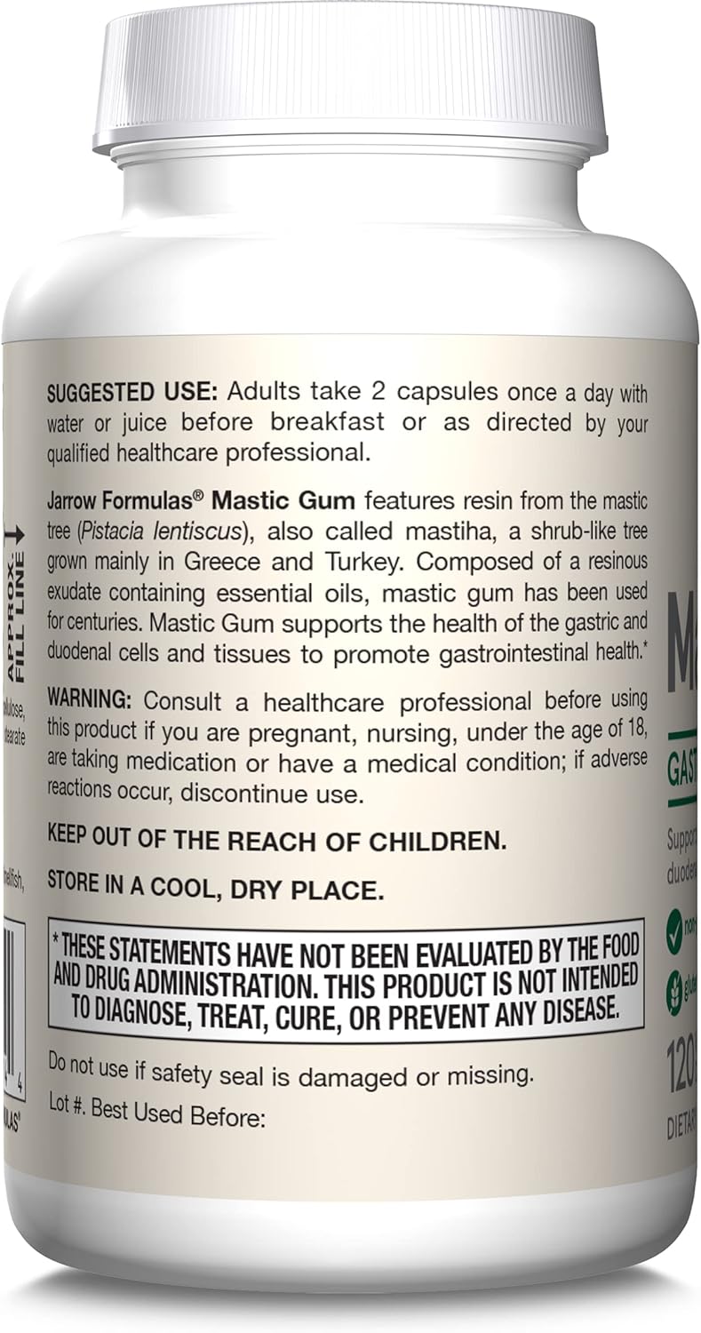 Jarrow Formulas Mastic Gum 1000 mg, Dietary Supplement for Gastrointestinal Health Support, 120 Veggie Capsules, 60 Day Supply