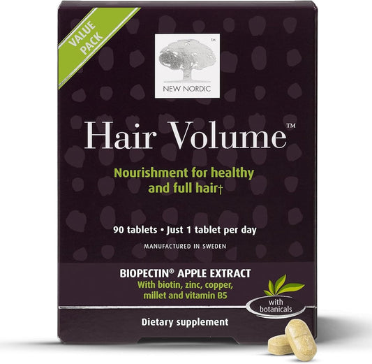 NEW NORDIC Hair Volume Tablets, 3000 mcg Biotin & Biopectin Apple Extract, Hair Vitamins to Support Natural Hair Growth for Thicker, Fuller Hair, for Men and Women, 90 Count (Pack of 1)