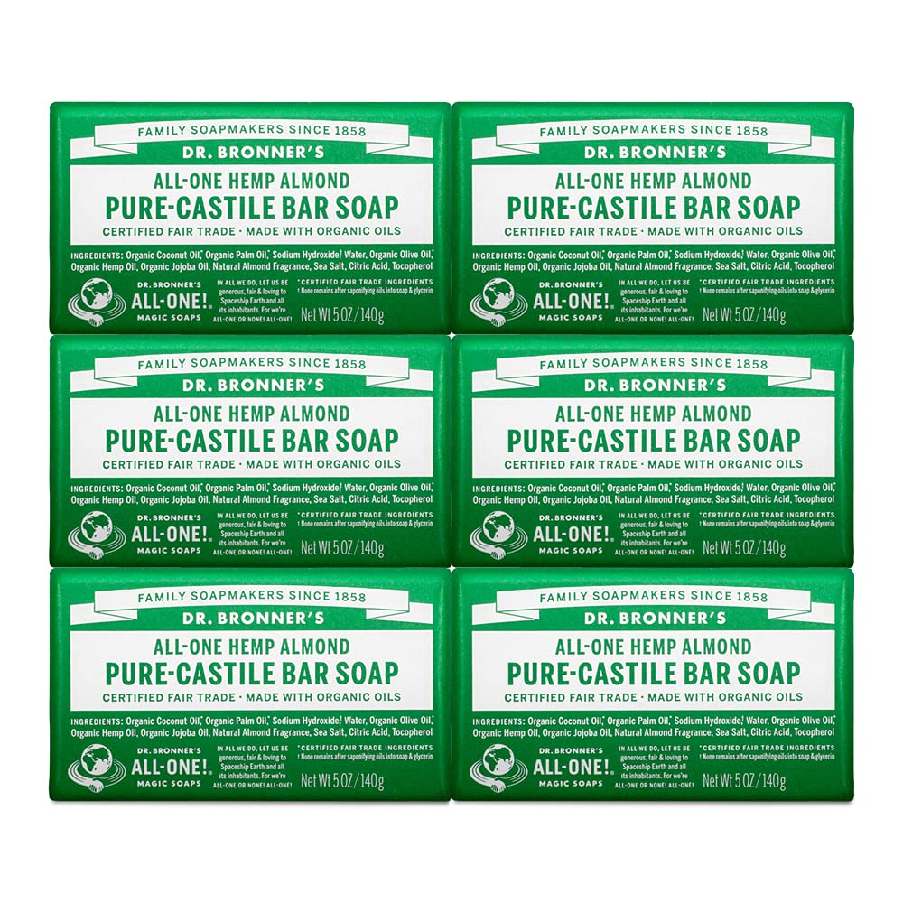 Dr. Bronner's - Pure-Castile Bar Soap (Almond, 5 oz, 6-Pack) - Made with Organic Oils, For Face, Body & Hair, Gentle & Moisturizing, Biodegradable, Vegan, Cruelty-free, Non-GMO