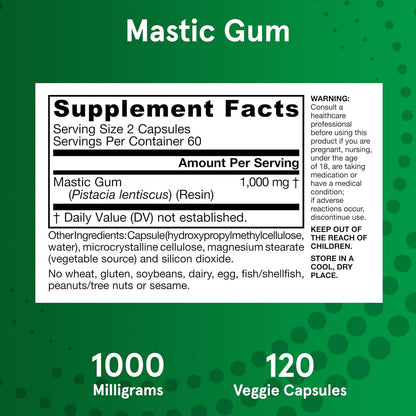 Jarrow Formulas Mastic Gum 1000 mg, Dietary Supplement for Gastrointestinal Health Support, 120 Veggie Capsules, 60 Day Supply