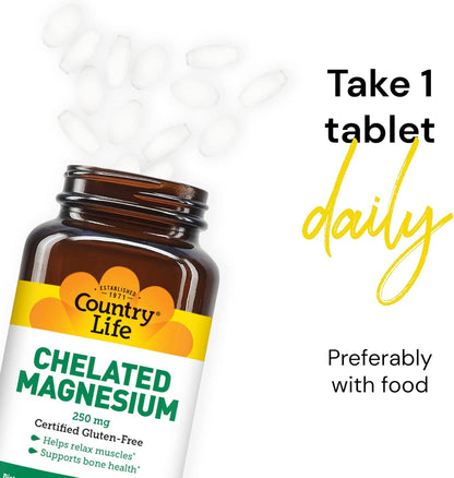 Country Life, Chelated Magnesium 250mg, Supports Bone and Immune Health, Daily Supplement, 240 ct