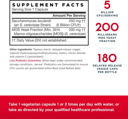 Jarrow Formulas Saccharomyces Boulardii + MOS - 5 Billion Viable Organisms Per Serving - 180 Delayed Release Veggie Caps, 2 Pack - Probiotic + Prebiotic - Intestinal Tract Support - Up to 360 Servings