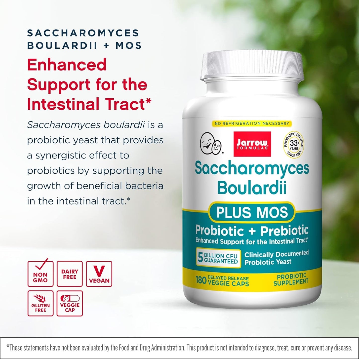 Jarrow Formulas Saccharomyces Boulardii + MOS - 5 Billion Viable Organisms Per Serving - 180 Delayed Release Veggie Caps, 2 Pack - Probiotic + Prebiotic - Intestinal Tract Support - Up to 360 Servings