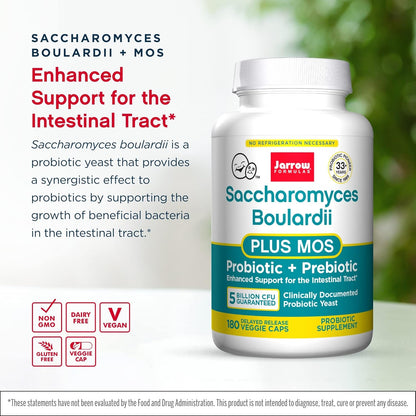 Jarrow Formulas Saccharomyces Boulardii + MOS - 5 Billion Viable Organisms Per Serving - 180 Delayed Release Veggie Caps, 2 Pack - Probiotic + Prebiotic - Intestinal Tract Support - Up to 360 Servings