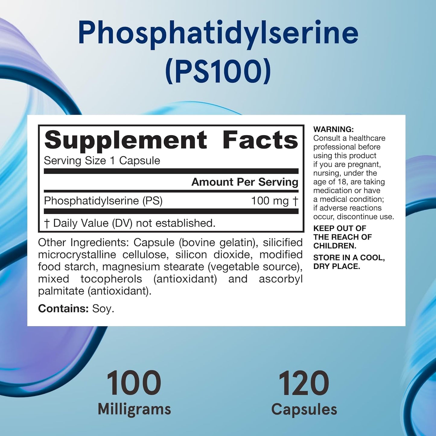 Jarrow Formulas® PS100 Phosphatidylserine, 100 mg, Dietary Supplement for Brain Health and Cognition Support, 120 Capsules, Up To a 120 Day Supply