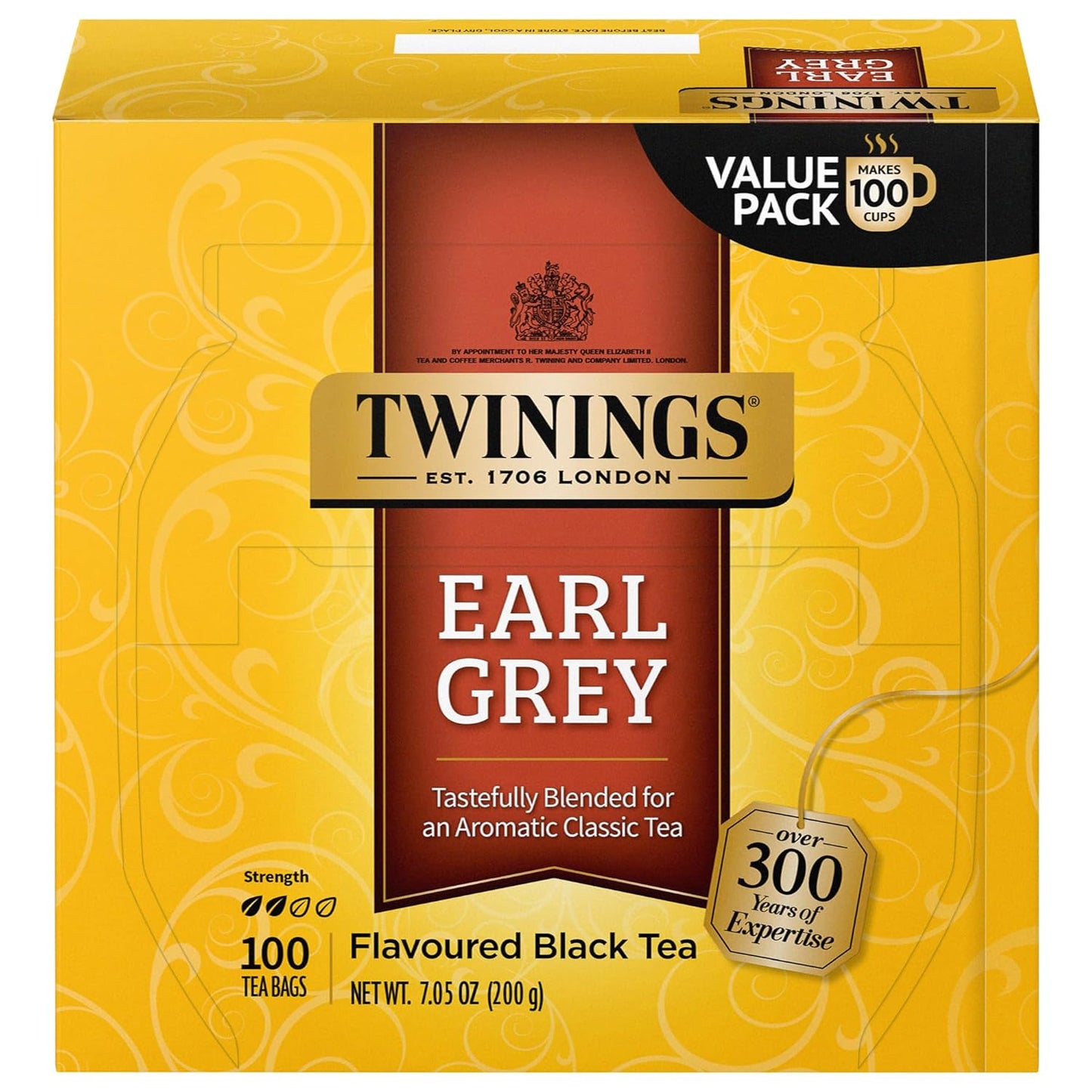 Twinings Earl Grey Black Tea Individually Wrapped Bags, 100 Count (Pack of 1), Flavoured with Citrus & Bergamot, Caffeinated, Enjoy Hot or Iced | Packaging May Vary