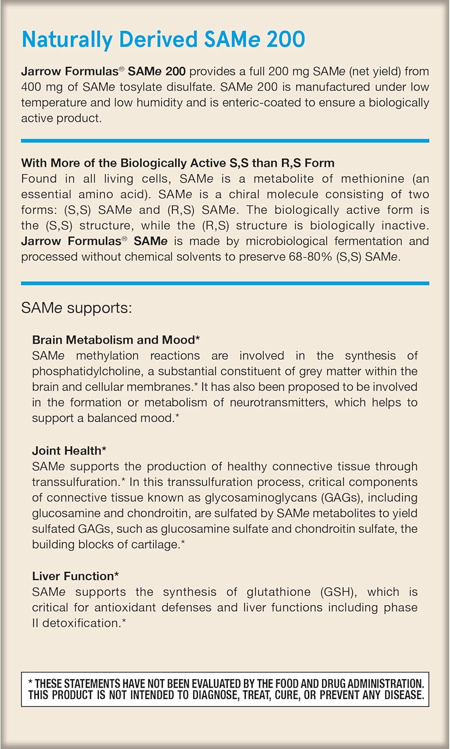 Jarrow Formulas Same 200 mg - 60 Tablets - Highest Concentration of Active S,S Form - Supports Joint Health, Liver Function, Brain Metabolism & Antioxidant Defense - 60 Servings