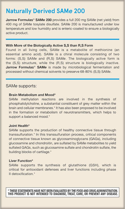 Jarrow Formulas Same 200 mg - 60 Tablets - Highest Concentration of Active S,S Form - Supports Joint Health, Liver Function, Brain Metabolism & Antioxidant Defense - 60 Servings