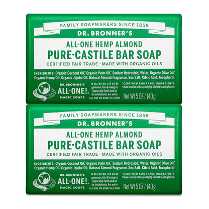 Dr. Bronner's - Pure-Castile Bar Soap (Almond, 5 oz, 6-Pack) - Made with Organic Oils, For Face, Body & Hair, Gentle & Moisturizing, Biodegradable, Vegan, Cruelty-free, Non-GMO