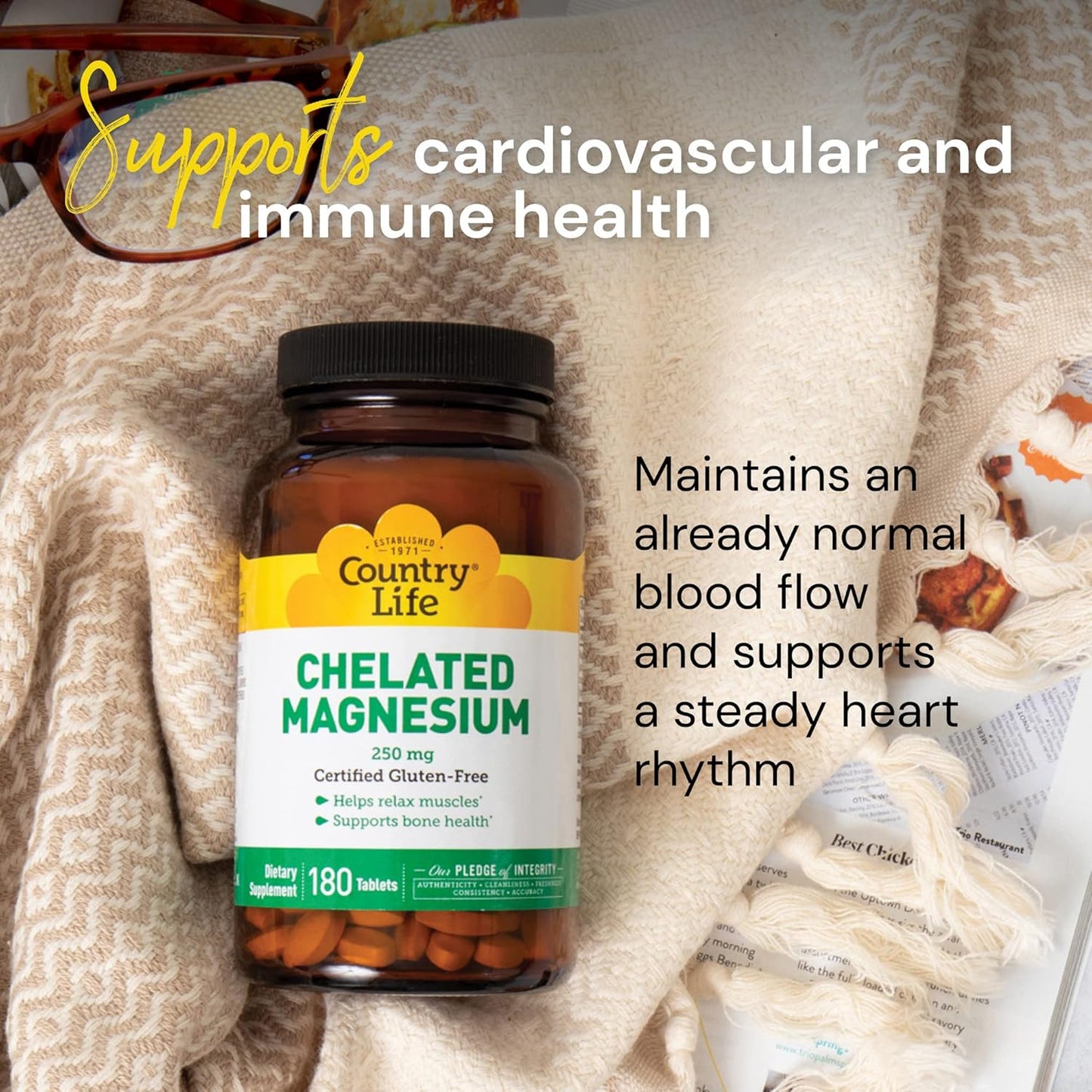 Country Life, Chelated Magnesium 250mg, Supports Bone and Immune Health, Daily Supplement, 240 ct