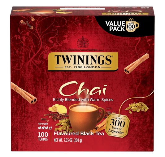 Twinings Chai Black Tea Individually Wrapped Bags, 100 Count (Pack of 1), Richly Blended with Warm Spices, Caffeinated, Enjoy Hot or Iced