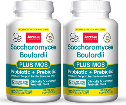 Jarrow Formulas Saccharomyces Boulardii + MOS - 5 Billion Viable Organisms Per Serving - 180 Delayed Release Veggie Caps, 2 Pack - Probiotic + Prebiotic - Intestinal Tract Support - Up to 360 Servings