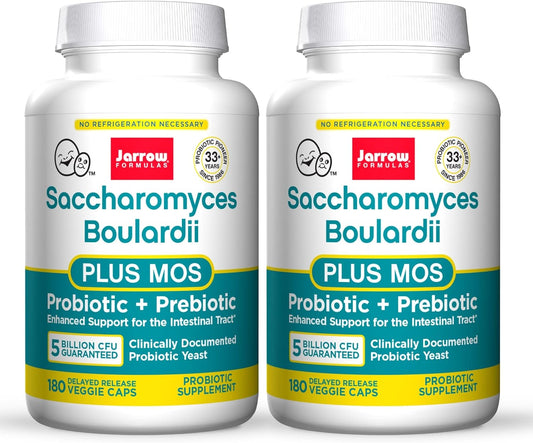 Jarrow Formulas Saccharomyces Boulardii + MOS - 5 Billion Viable Organisms Per Serving - 180 Delayed Release Veggie Caps, 2 Pack - Probiotic + Prebiotic - Intestinal Tract Support - Up to 360 Servings