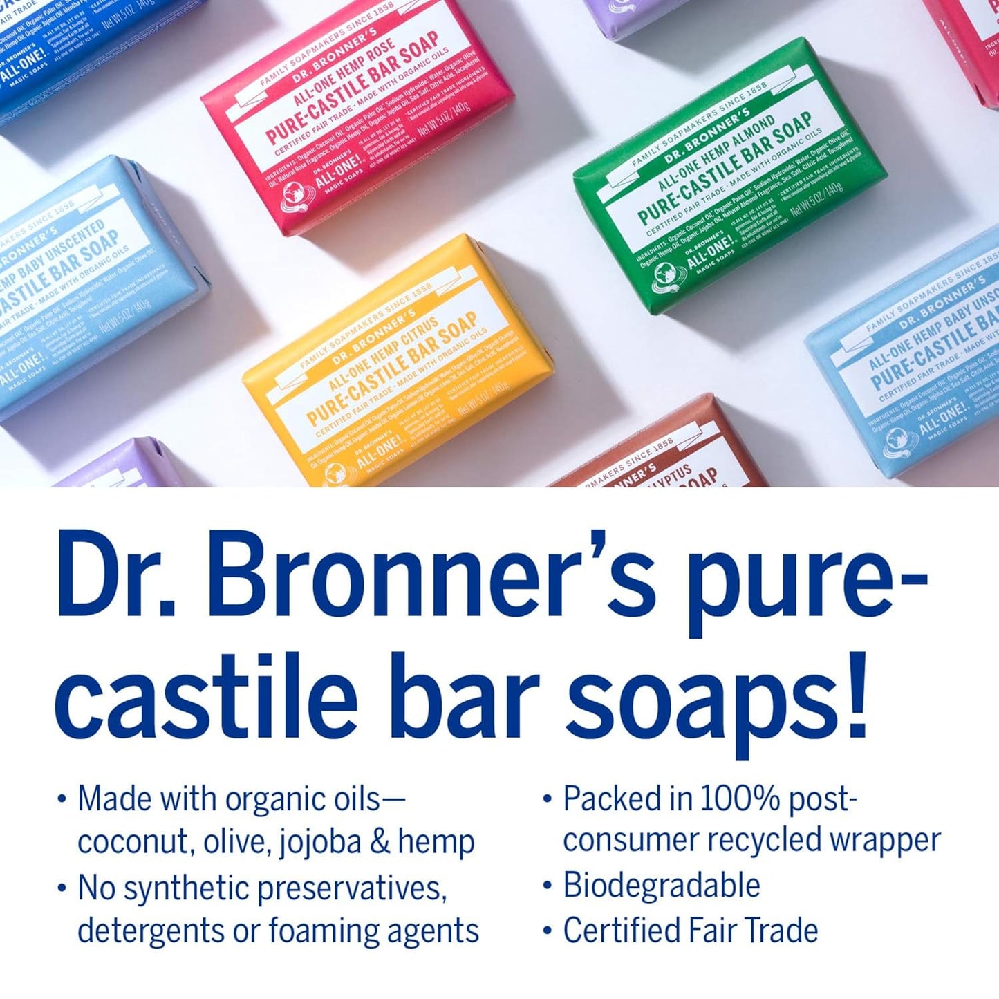 Dr. Bronner's - Pure-Castile Bar Soap (Almond, 5 ounce, 2-Pack) - Made with Organic Oils, For Face, Body and Hair, Gentle and Moisturizing, Biodegradable, Vegan, Cruelty-free, Non-GMO