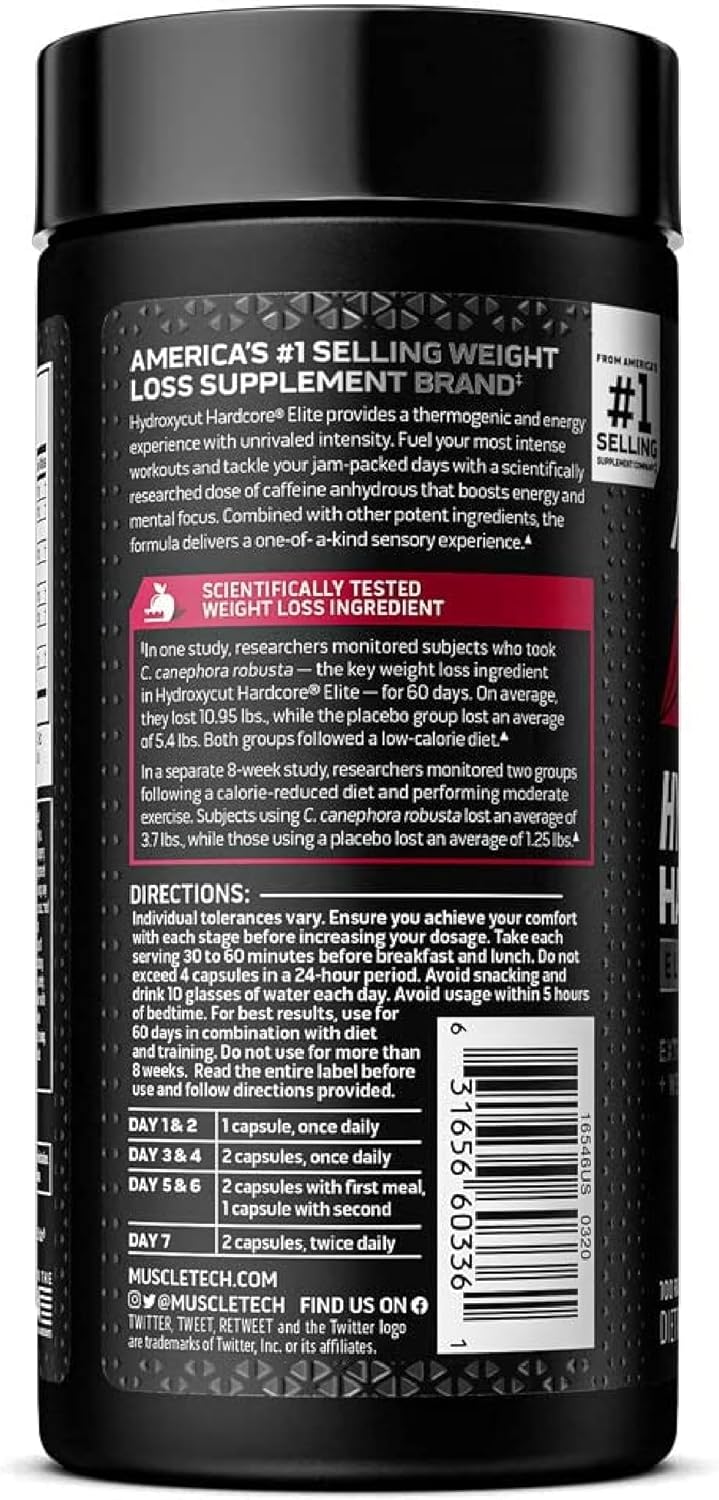 Hydroxycut Hardcore Elite - 100 Rapid-Release Thermo Caps - Energy & Focus - for Men & Women - 50 Servings