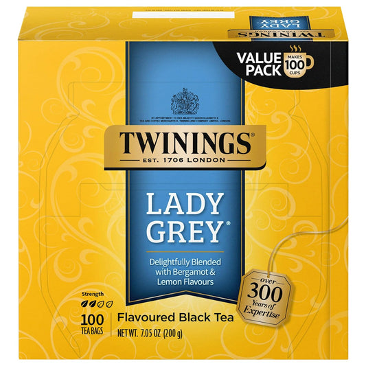 Twinings Lady Grey Black Tea Individually Wrapped Bags, 100 Count (Pack of 1), Orange & Lemon Peel with a Hint of Bergamot, Fresh and Uplifting, Caffeinated, Enjoy Hot or Iced | Packaging May Vary