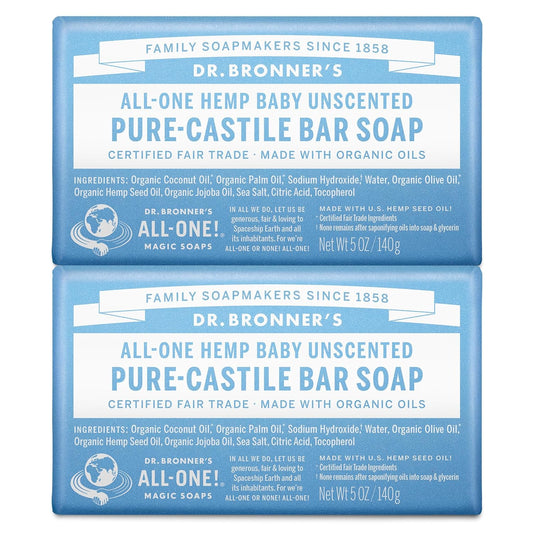 Dr. Bronner's Pure-Castile Baby Unscented Bar Soap - Made with Regenerative Organic Certified Oils - For Face, Hand, Hair - Gentle on Sensitive Skin- All Natural Bar Soap for Men & Women -2 pack, 10oz