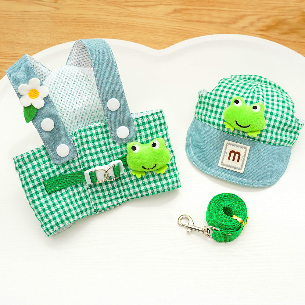 Spring Summer Pet Chest Strap Leash Set Frog Design Outing Clothes For Small Dogs And Cats Traveling Accessories Cotton Material