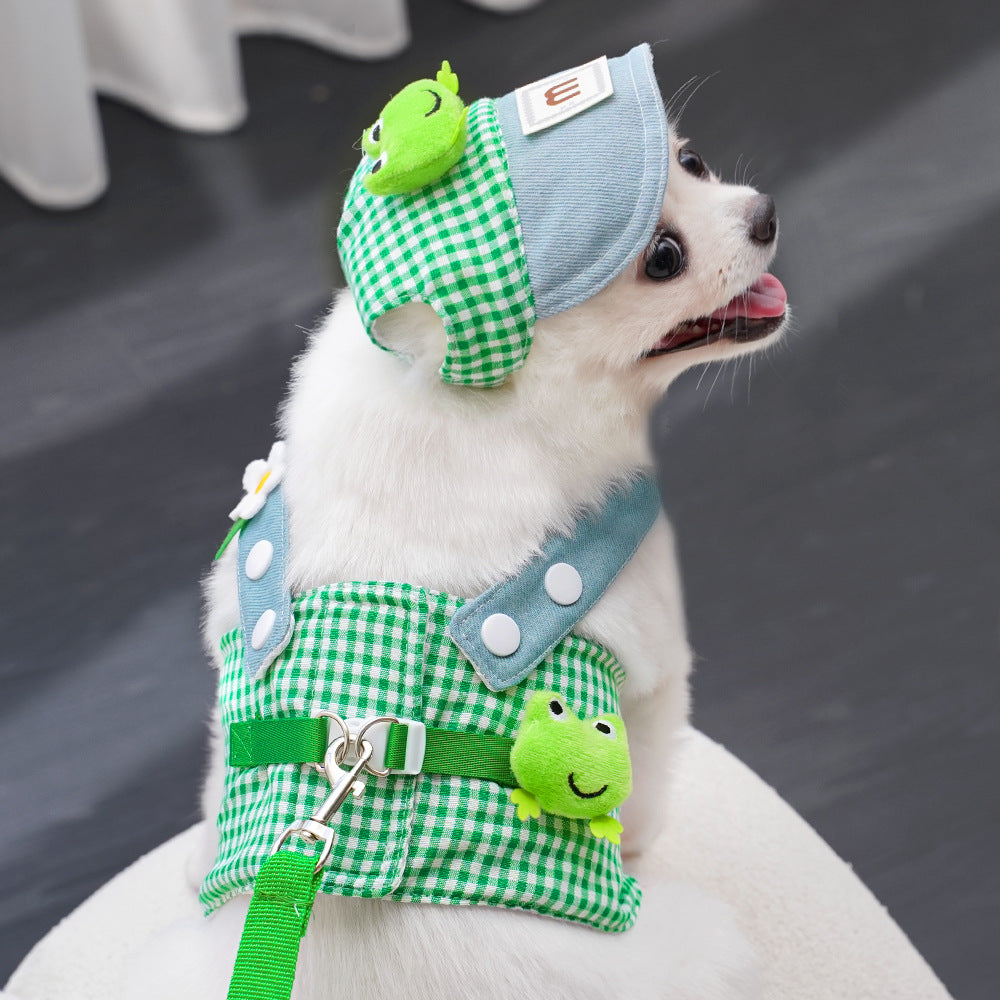 Spring Summer Pet Chest Strap Leash Set Frog Design Outing Clothes For Small Dogs And Cats Traveling Accessories Cotton Material