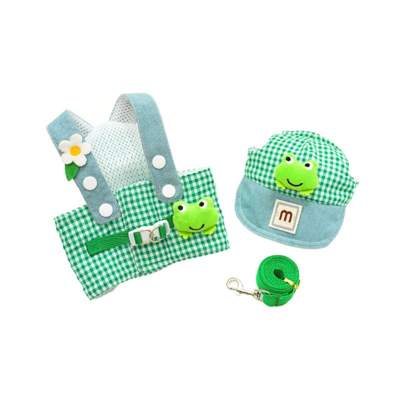 Spring Summer Pet Chest Strap Leash Set Frog Design Outing Clothes For Small Dogs And Cats Traveling Accessories Cotton Material